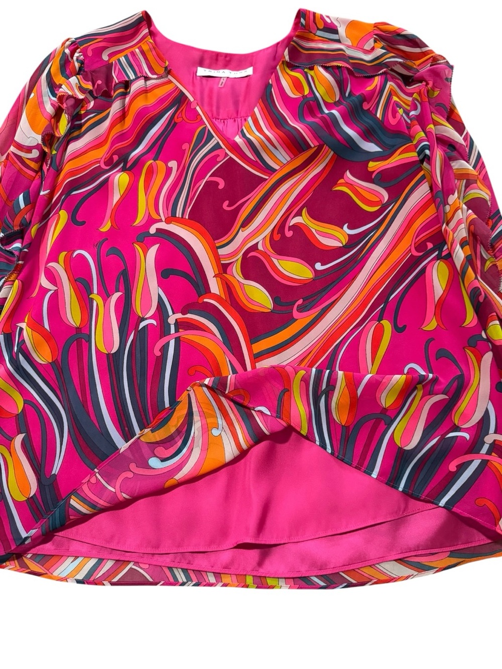 Trina Turk Silk Blouse Pink Orange Psychedelic Swirl Print Long Sleeve Size L - Picture 5 of 8
